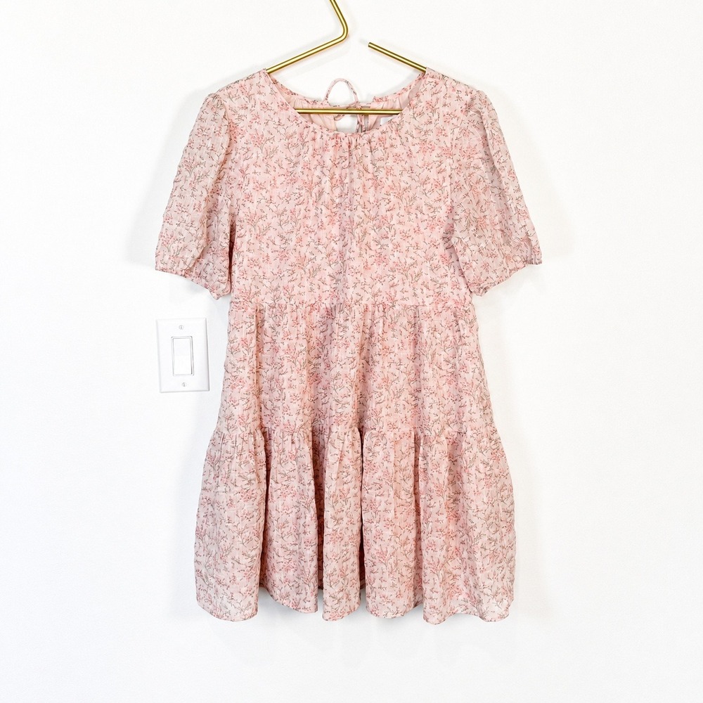 Things Between Pink Ditsy Floral Tiered Mini Dress Puff Sleeve M Cottagecoe